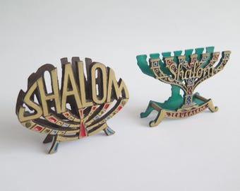 Messing servethouders Shalom, set van 2 vintage massief messing brief-/kaart-/servethouders, Jeruzalem, messing tafeldecor @363-14/15
