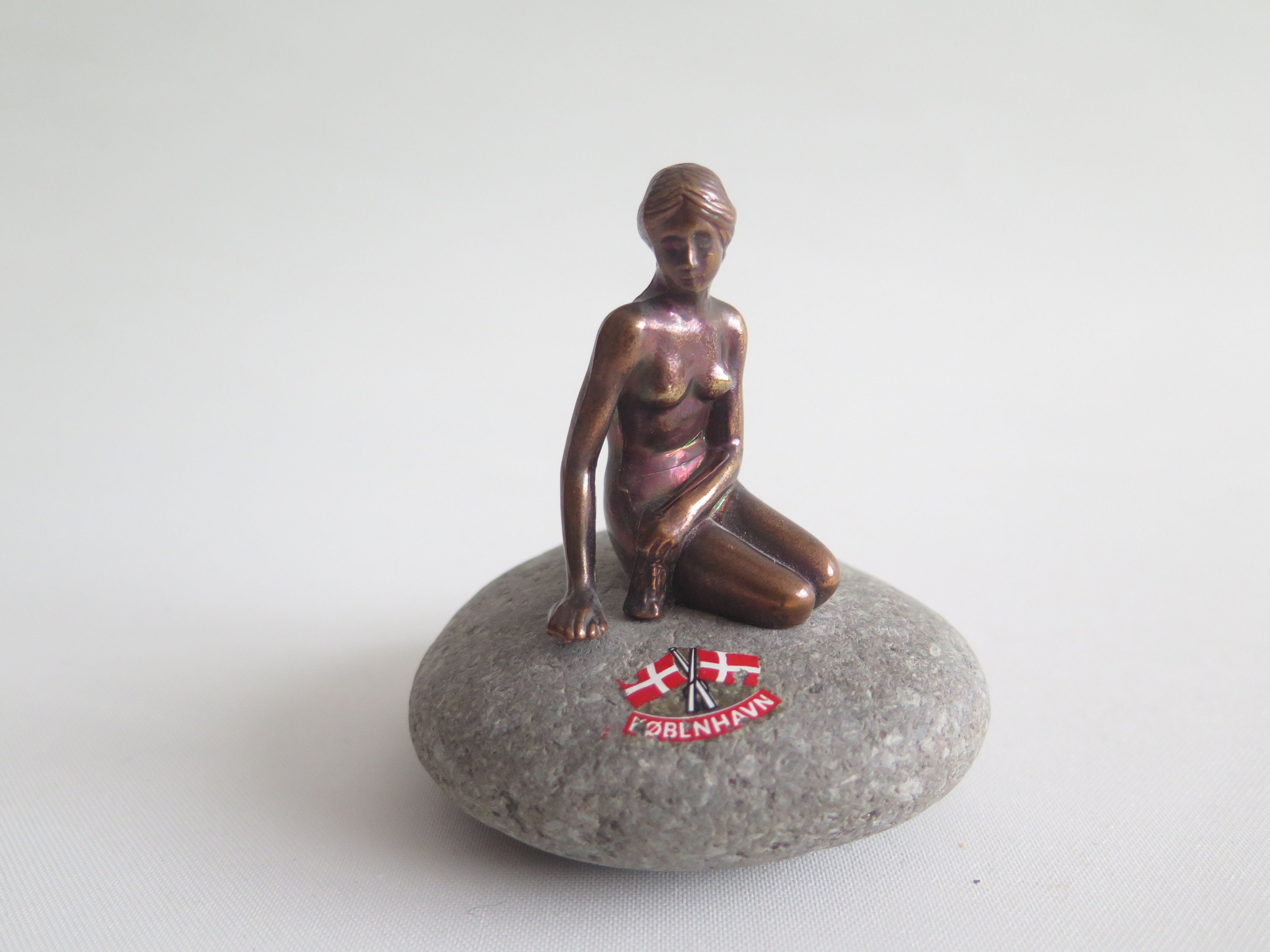 Copper Mermaid Figurine Statue on Stone Rock Paperweight