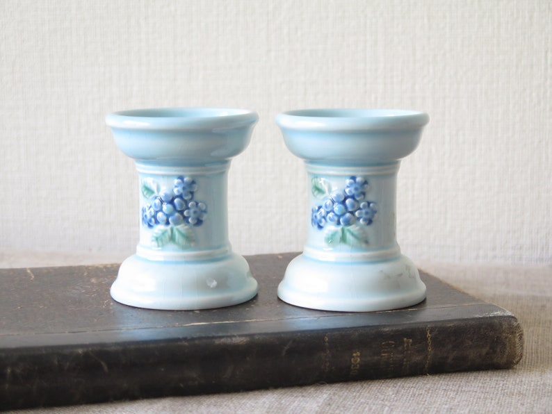 Pair of Ceramic Candle Holders by Deco Helsingborg Vintage Swedish Light Blue Floral Ceramic Decor @228-73