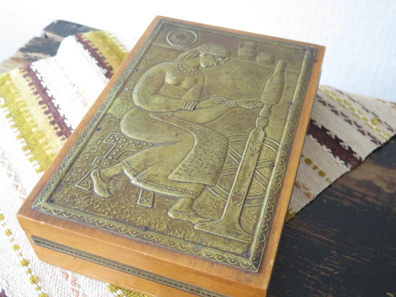 Vintage Wood Trinket Sewing Box Hand Carved w Metal Embossed Top Jewelry Box USSR Soviet Era Folk Art 1970s Wood Box Storage Box @226