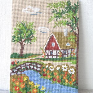 Embroidered Wall Decor Country Side House Flowers Retro Romantic Framed Wall Hanging Canva Country Chic, Scandinavian vintage 228 image 2