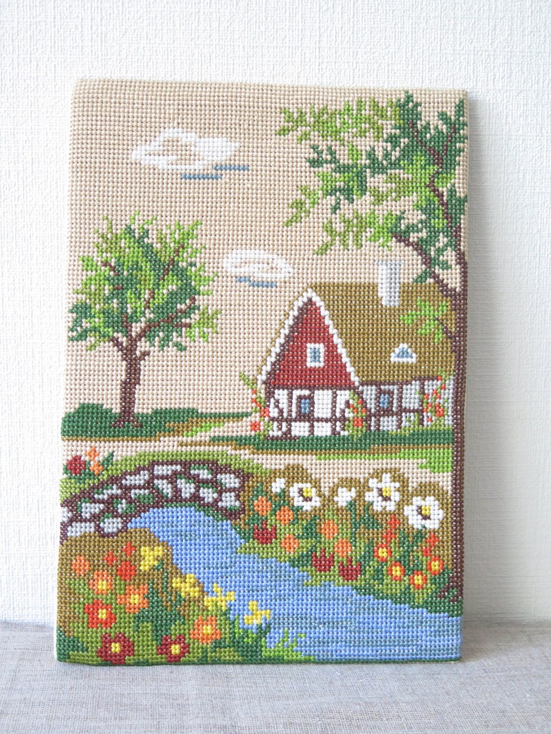 Embroidered Wall Decor Country Side House Flowers Retro Romantic Framed Wall Hanging Canva Country Chic, Scandinavian vintage 228 image 2