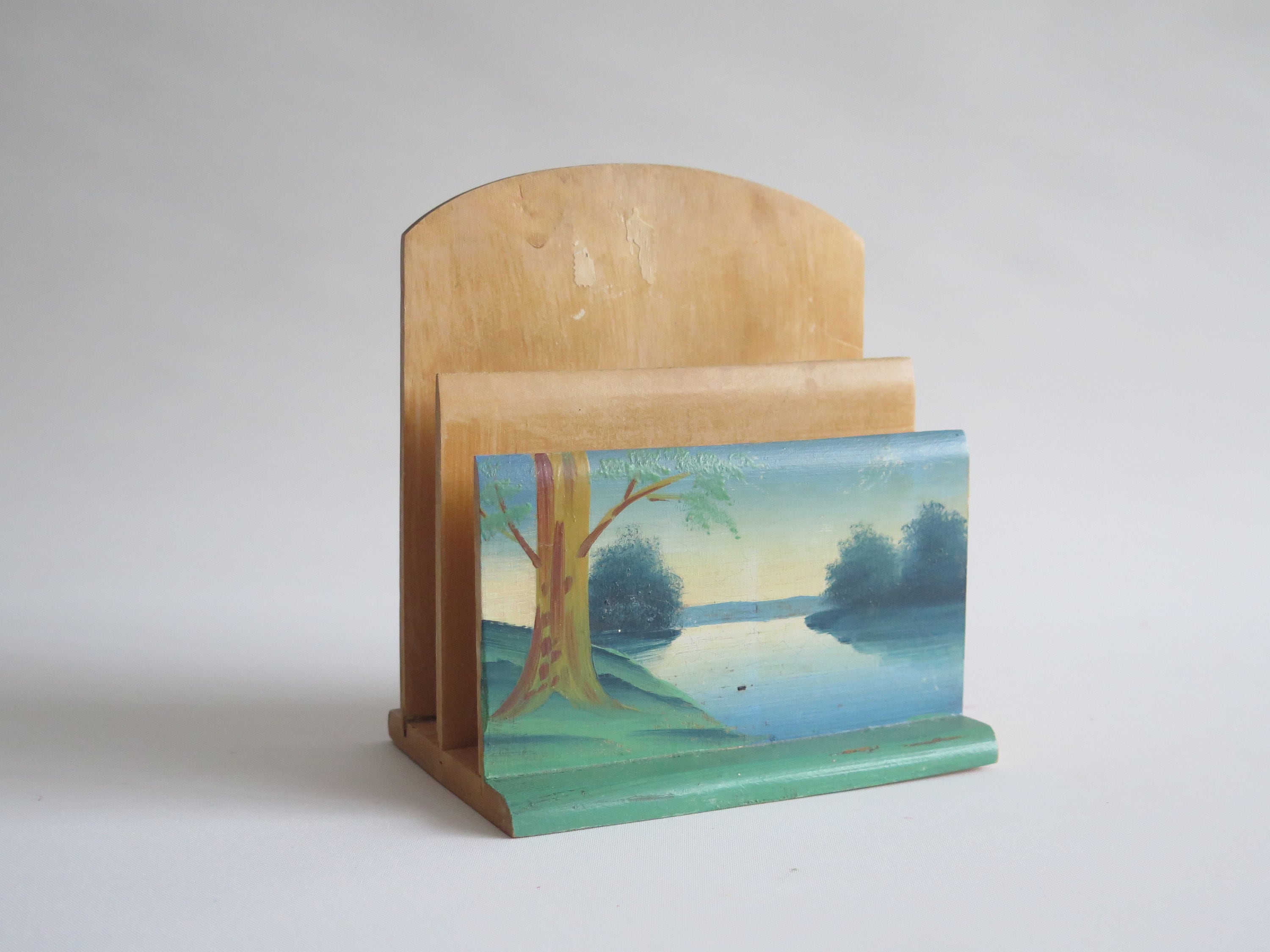 Wooden Letter Holder Retro Mail Organizer Desk Accessory, Vintage Hand Painted Landscape Napkin Holder @365-3