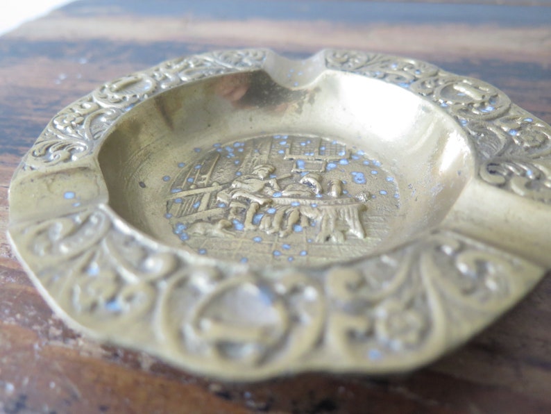 Vintage Brass Ashtrays Set of 2 Solid Brass Vintage Round Ashtray Medieval Scenes @228-66