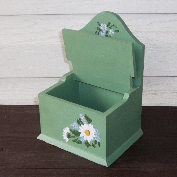 Vintage Wooden Green Floral Handpainted Salt Box with Lid, Food Container Handmade Wood Kitchen Serving @85