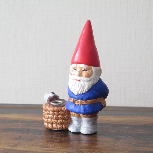 Vintage Swedish Ceramic Figurine Gnome Candle Holder Scandinavian Vintage Christmas Decor, Gnome in Blue Outfit and Red Hat @220