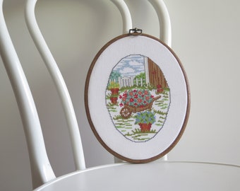 Embroidered Wall Decor, Oval Floral Wall Hanging Picture Wheelbarrow Flowers Country Scene Swedish Handmade Decor @345-58