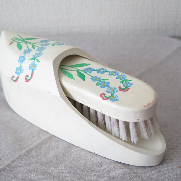 RESERVED. Vintage Wood Shoe & Brush Handmade Painted Decorative Floral Hanging Shoe Scandinavian White Light Blue Flowers Home Decor @129