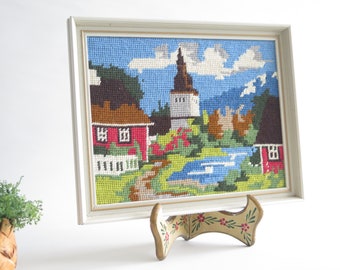 Embroidered Picture Framed Embroidery Red House Church Town Hand Embroidered Wall Decor, Wall Hanging @334-15
