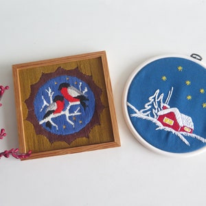 Embroidered Wall Decor Framed Vintage Embroidery Birds, Winter Scene, Red House, Hand Embroidered Wall Hanging @344-18