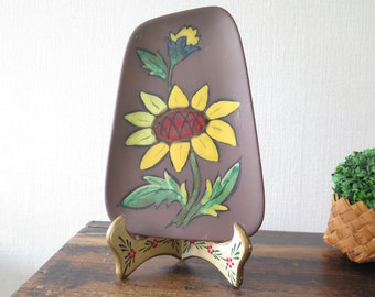 Ceramic Wall Plaque w Sunflower, Wall Decor Scandinavian Pottery Floral Wall Hanging @319-73