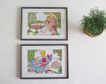 Embroidered Pictures Framed Embroidery Little Girl Dolls Hand Embroidered Wall Decors Set of 2, Wall Hanging @314-2