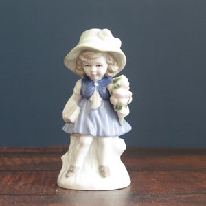 Porcelain Figurine Girl in Blue Dress with Hat and Flowers, Made in GDR Germany Ceramic Figurine Collectible @341-19