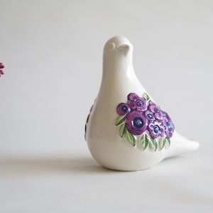 Ceramic Bird Figurine by Rosa Ljung, White Lilac Floral Dove Art Deco Mid Century Scandinavian Vintage Swedish @321-13