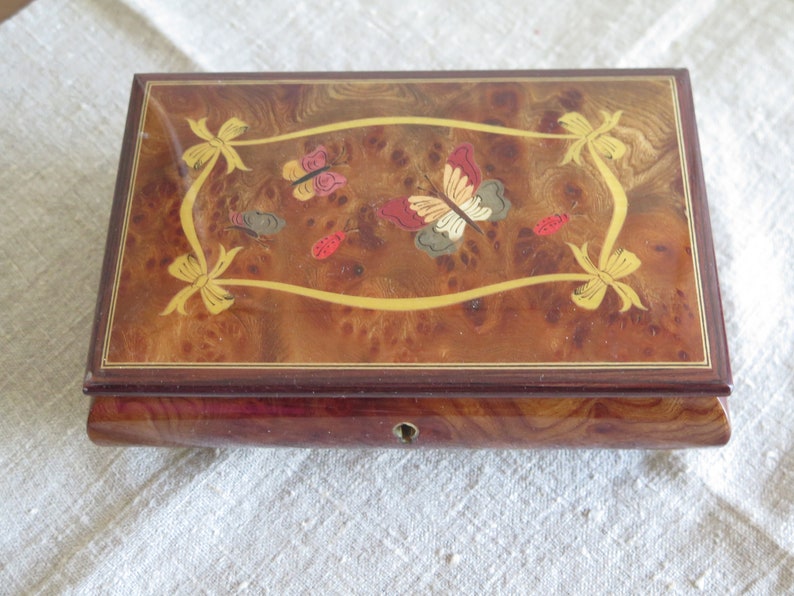 Vintage Wooden Music Box Music Box Inlaid Bows Butterflies Etsy