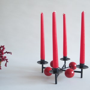 Black Candle Holder with Wooden Red Apples, Metal Candle Holder, Swedish Vintage Advent Christmas Scandinavian Holiday Decoration @347-11