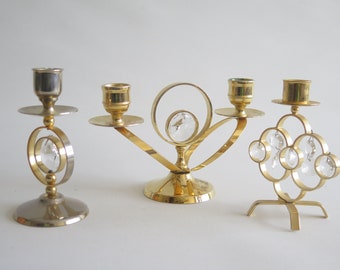 Metalen kandelaars set van 3, goudkleurige kandelaars met glazen kristallen ophangingen @334-8