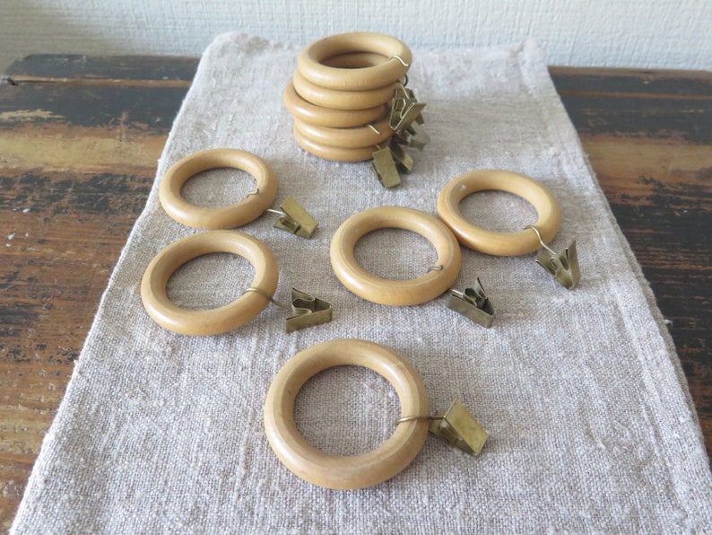 Wood Curtain Rings W Metal Clips Set 10 Window Drapery Rod Etsy