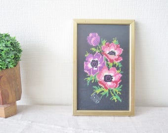 Vintage Embroidered Picture Framed Floral Embroidery Purple Pink Flowers on Black Background Hand Embroidered Wall Decor Wall Hanging @322