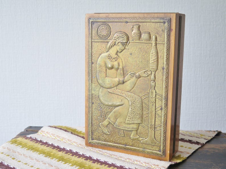 Vintage Wood Trinket Sewing Box Hand Carved w Metal Embossed Top Jewelry Box USSR Soviet Era Folk Art 1970s Wood Box Storage Box @226