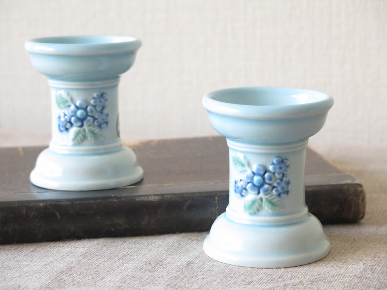 Pair of Ceramic Candle Holders by Deco Helsingborg Vintage Swedish Light Blue Floral Ceramic Decor @228-73