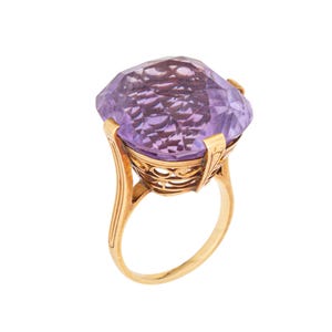 Retro French 30ct Amethyst Cocktail Ring Sz 6.75 Vintage 18k Yellow Gold Large