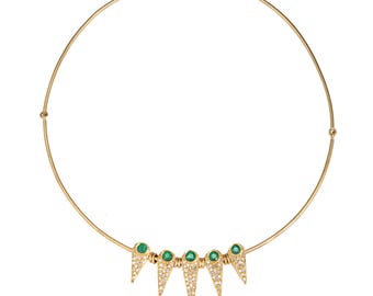 80s French Import Emerald Diamond Spike Necklace Collar 14k Yellow Gold Jewelry