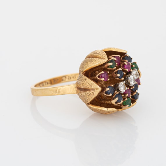 60s Diamond Gemstone Tulip Ring Vintage 18k Yello… - image 3