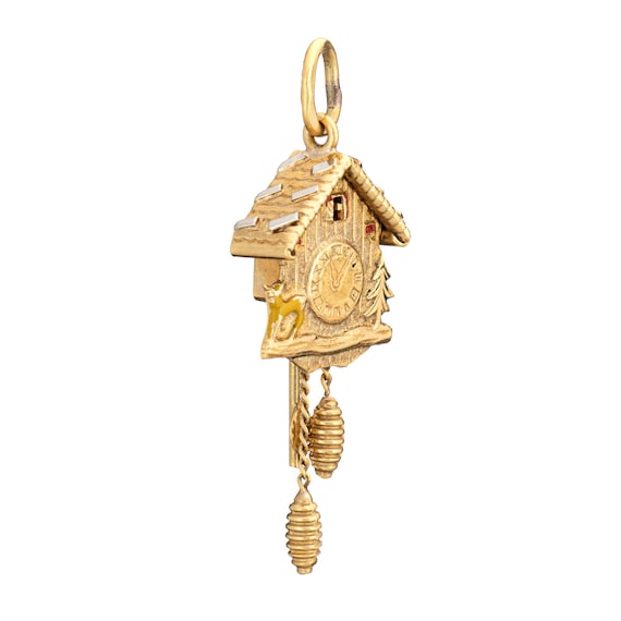 60s Vintage Cuckoo Clock Charm Moves 18k Yellow Gold Pendant Fine Jewelry View 2