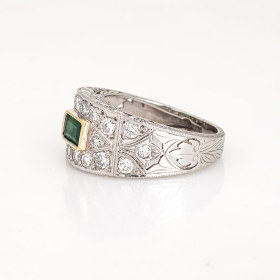 Emerald Diamond Ring Estate Etched Platinum Wide … - image 4