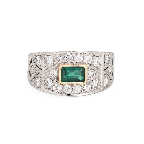 Emerald Diamond Ring Estate Etched Platinum Wide … - image 1