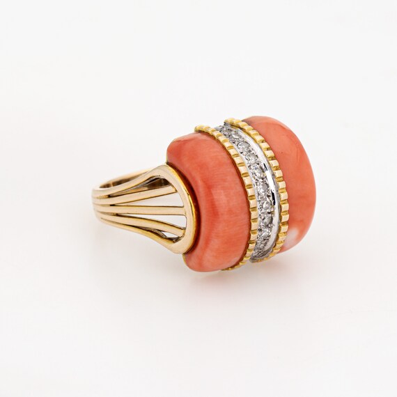 70s Coral Diamond Dome Ring Vintage 14k Yellow Go… - image 3