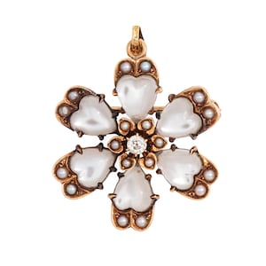Antique Victorian Moonstone Flower Pendant Diamond 14k Yellow Gold Pearl Heart