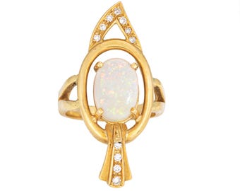 70s Opal Diamond Abstract Ring Sz 5 Vintage 18k Gold Cocktail Fine Jewelry