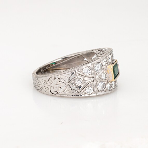 Emerald Diamond Ring Estate Etched Platinum Wide … - image 3
