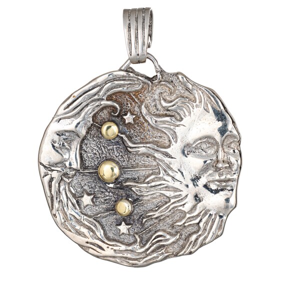 Crescent Moon Sun Large Pendant Vintage Silver 18k
