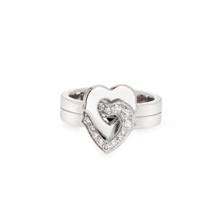 Anel de diamante com coração duplo Cartier tamanho 4 Pinky Band Estate joias em ouro branco 18k