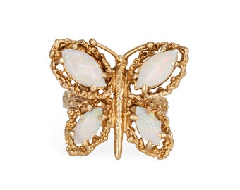 Jaren '70 Vintage Opal Butterfly Ring 14k Geel Goud Sz 6,75 Cocktail Estate Sieraden