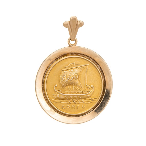 Corfu Medallion Pendant Charm Vintage 14k Yellow … - image 1