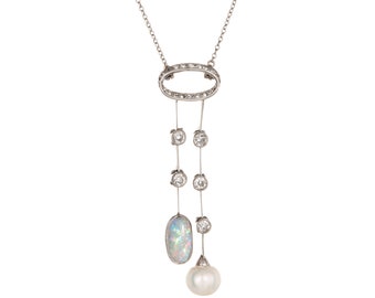 Antique Edwardian Negligee Necklace Opal Diamond Pearl Platinum Vintage Jewelry