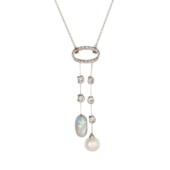 Antique Edwardian Negligee Necklace Opal Diamond … - image 1