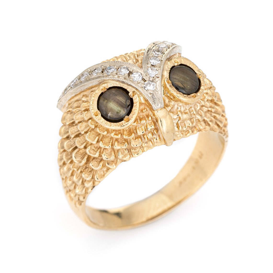 Diamond Owl Ring Vintage 14k Yellow Gold Cats Eye Chrysoberyl Etsy