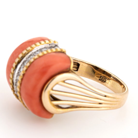 70s Coral Diamond Dome Ring Vintage 14k Yellow Go… - image 7