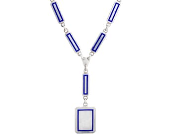 70s Vintage Gucci Drop Necklace Sterling Silver Blue Enamel Square Links 21"