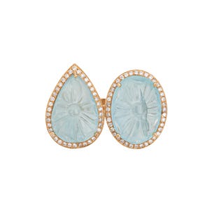 Carved Aquamarine Ring Diamond Large Cocktail Jewelry Sz 7 Flower Jewelry
