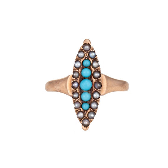 Antique Victorian Navette Ring Turquoise Seed Pea… - image 1