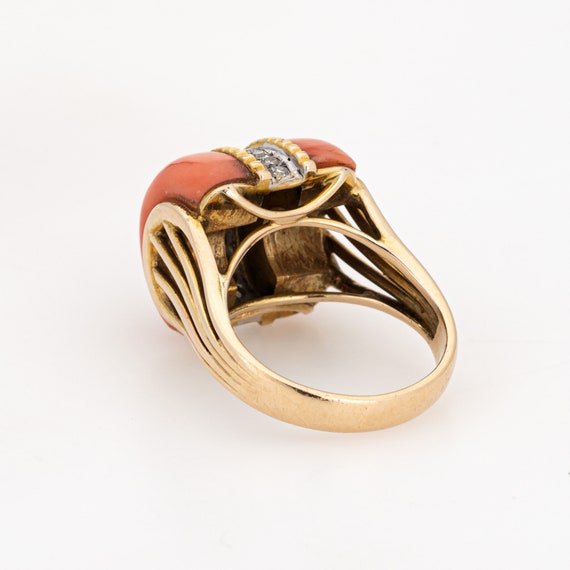 70s Coral Diamond Dome Ring Vintage 14k Yellow Go… - image 5