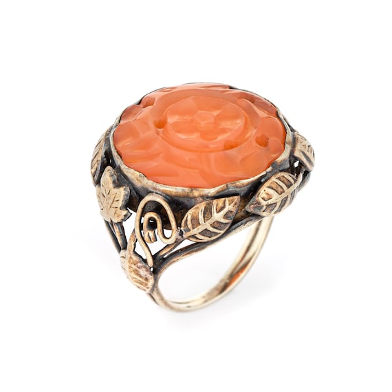 Arts & Crafts Ring Carved Carnelian 14k Gold Leaf Motif Antique Jewelry Sz 4