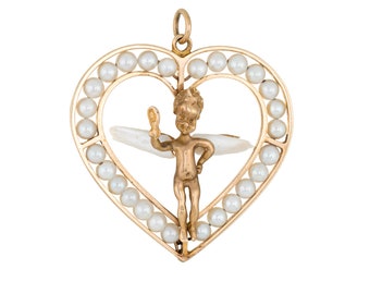 Winged Angel Heart Charm Vintage 14k Yellow Gold Cultured Pearl Cherub Jewelry