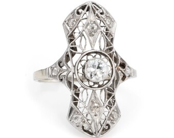 Antique Deco Diamond Filigree Ring Vintage 14k White Gold Estate Fine Jewelry